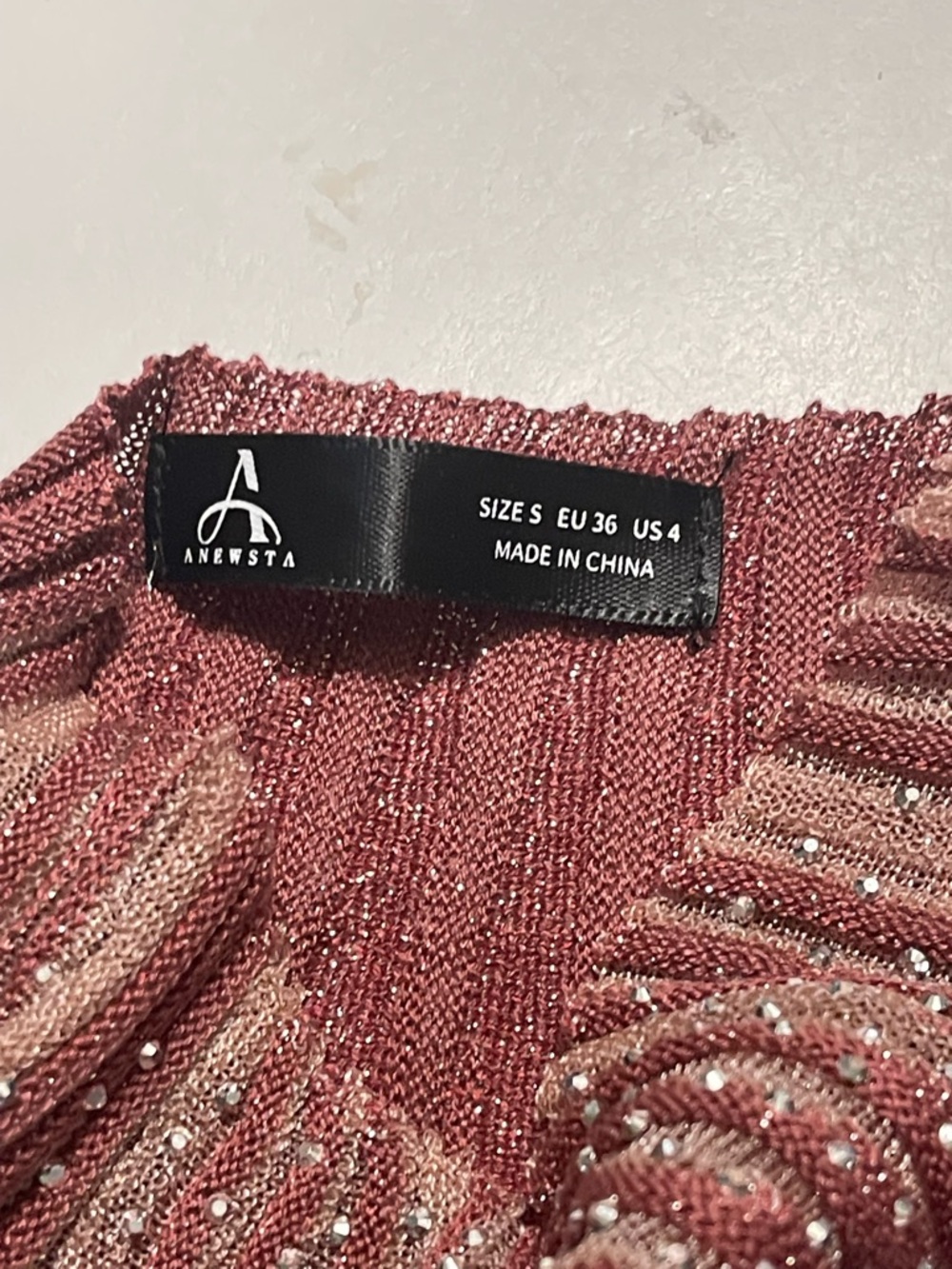 Anewsta Women’s Small Burgundy Ribbed Rhinestone Short Sleeve Knit Blouse - Picture 7 of 9